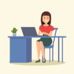 Business woman or a clerk working at her office desk. Vector illustration in a flat style.